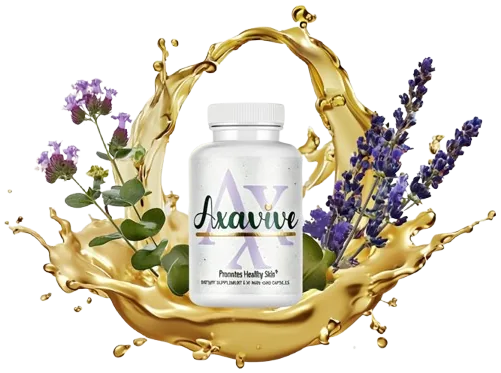 Axavive bottle surrounded by lavender, eucalyptus and a golden splash