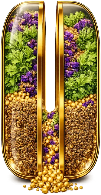 Golden Axavive capsule filled with green leaves, purple flowers and botanical seeds