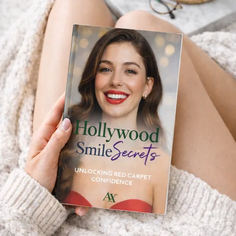 Hollywood Smile Secrets bonus guide cover held by a reader