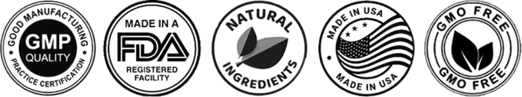 Axavive quality badges: GMP quality, made in an FDA-registered facility, natural ingredients, made in USA and GMO free